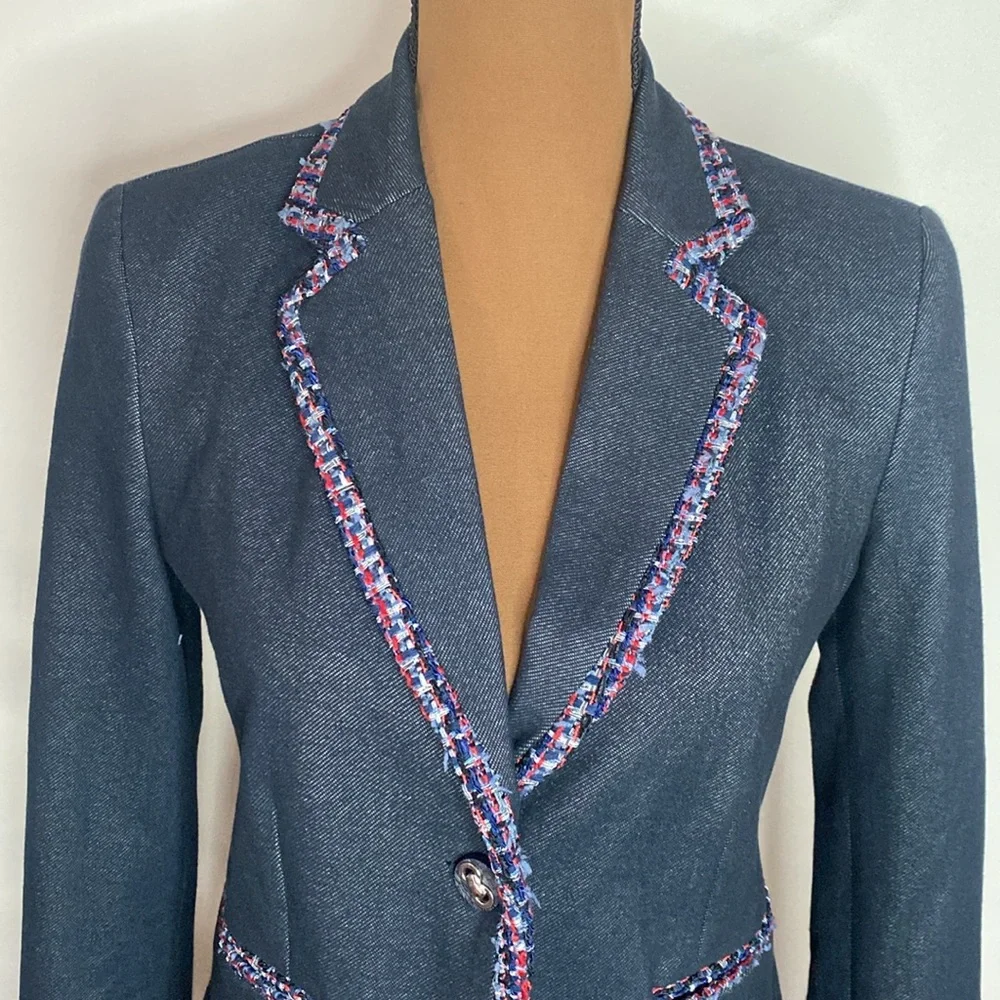 7th Avenue New York & Co denim like tweed ribbon trimmed tailored blazer size S